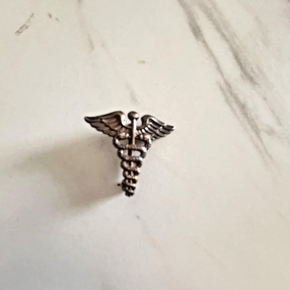Vintage Caduceus Symbol Pin Sterling Silver Vanguard NY Navy Insignia 3/4"